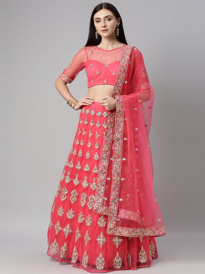Teal Embroidered Net Semi-Stitched Lehenga Using Mirror - qivii