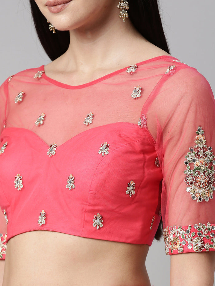 Teal Embroidered Net Semi-Stitched Lehenga Using Mirror - qivii