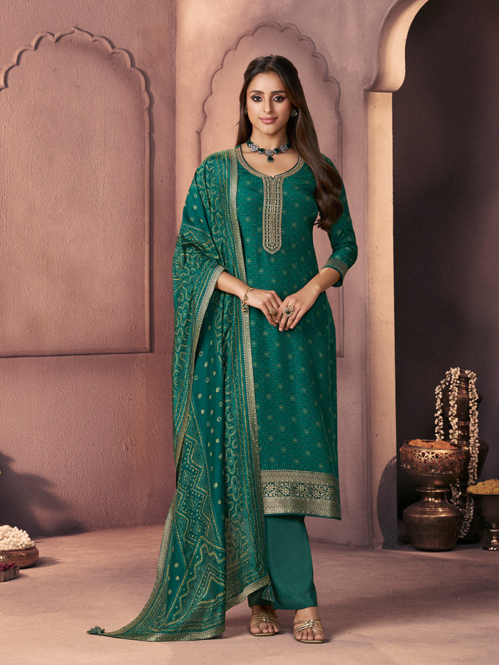 Teal Green Premium Russian Silk Suit with Ethnic Motifs & Embroidered Neckline