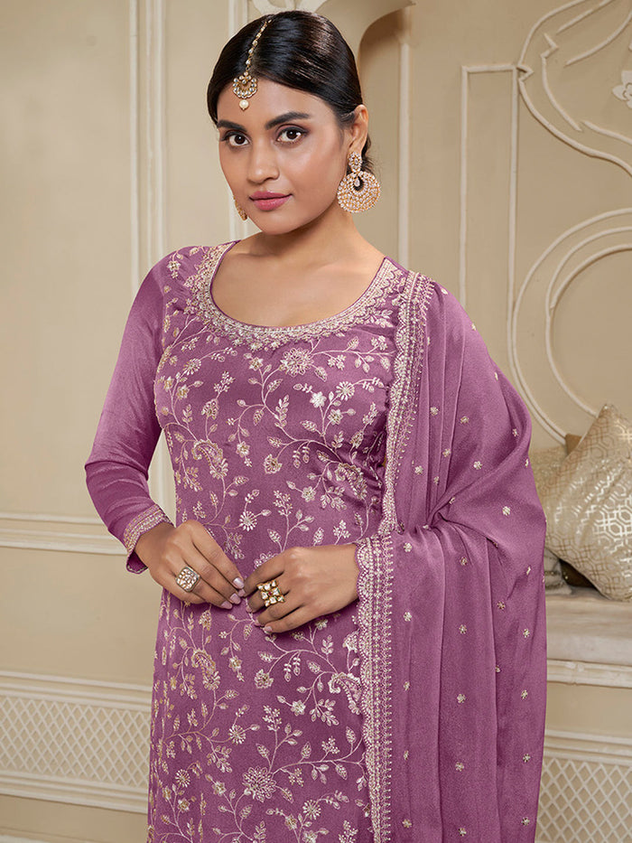 Twilight lavender Floral Pattern, Thread and Sequins Embroidered Sharara Suit Set