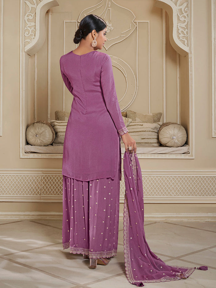 Twilight lavender Floral Pattern, Thread and Sequins Embroidered Sharara Suit Set