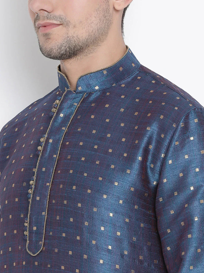 VASTRAMAY Men's Blue Zari Weaved Kurta Dhoti Set