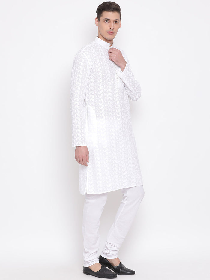 VASTRAMAY Men's White Pure Cotton Chikankari Kurta Pant With Prayer Cap
