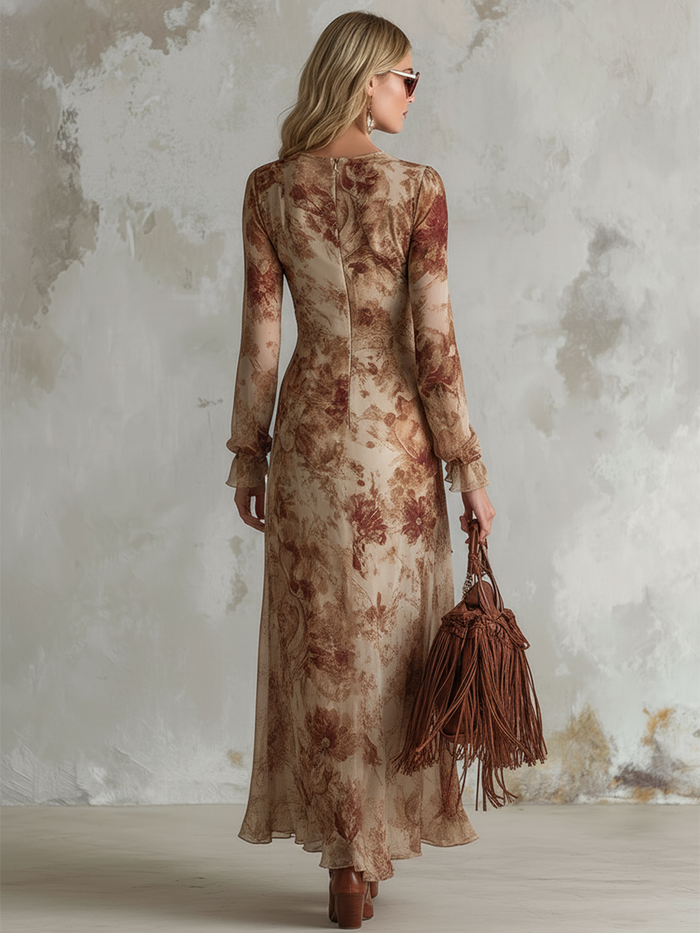 Vintage Bohemian Apricot Floral Print Chiffon Long-sleeved Maxi Dress  - By Qivii