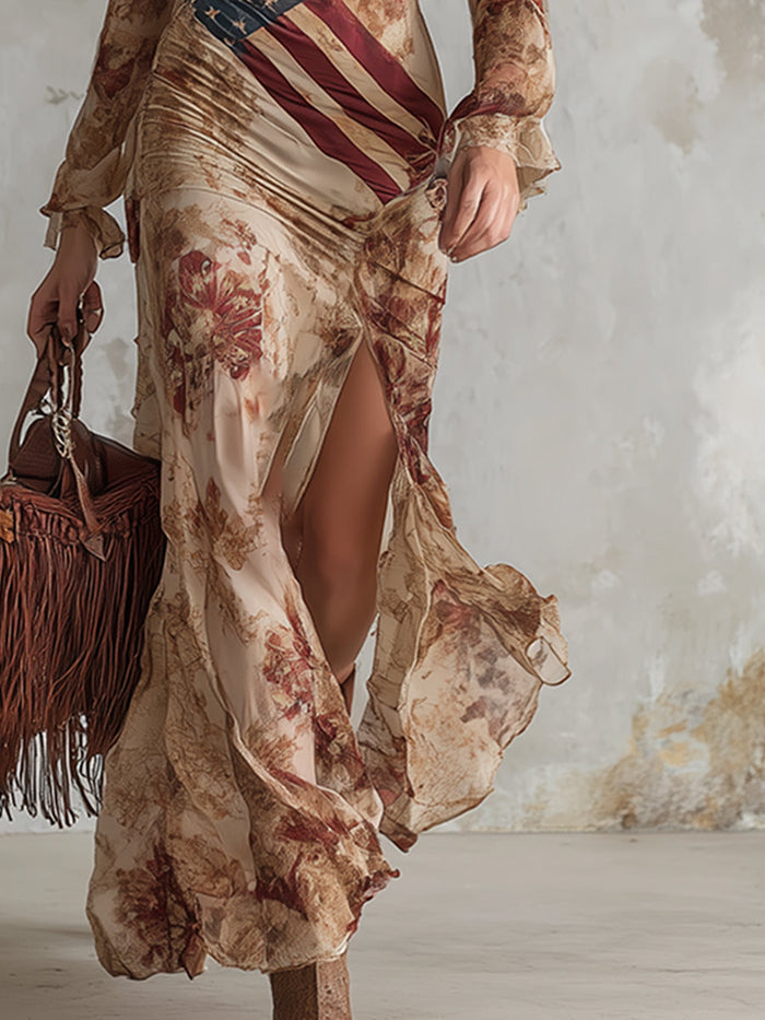 Vintage Bohemian Apricot Floral Print Chiffon Long-sleeved Maxi Dress  - By Qivii