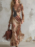 Vintage Bohemian Apricot Floral Print Chiffon Long-sleeved Maxi Dress  - By Qivii