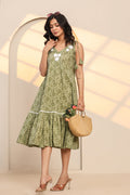 Watercress Green Hand Block Printed Cotton Midi Dress