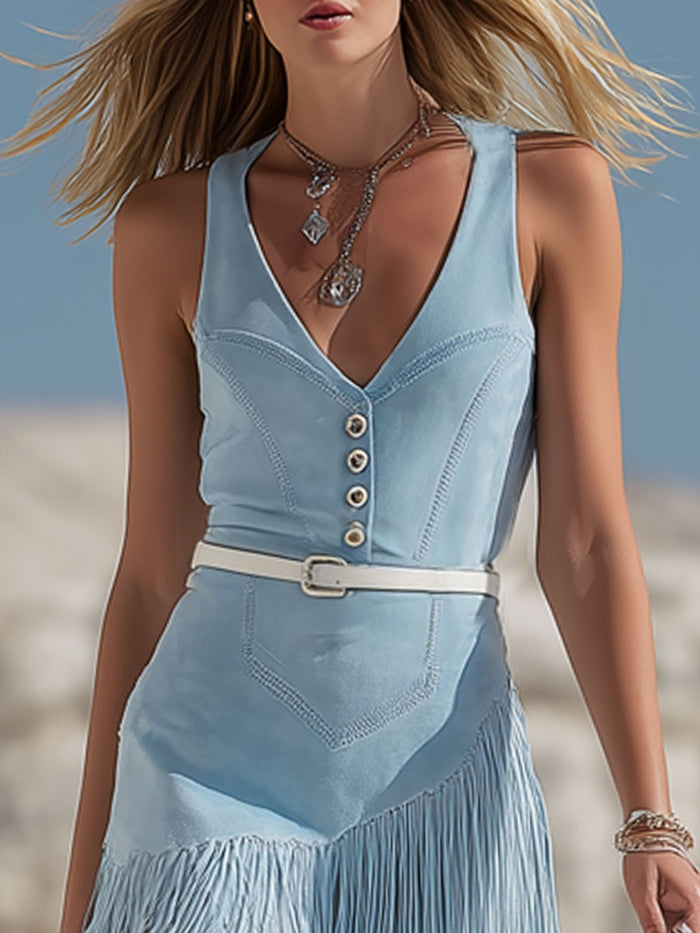 Western Bohemian Tassel Light Blue Faux Suede Sleeveless Mini Dress  - By Qivii