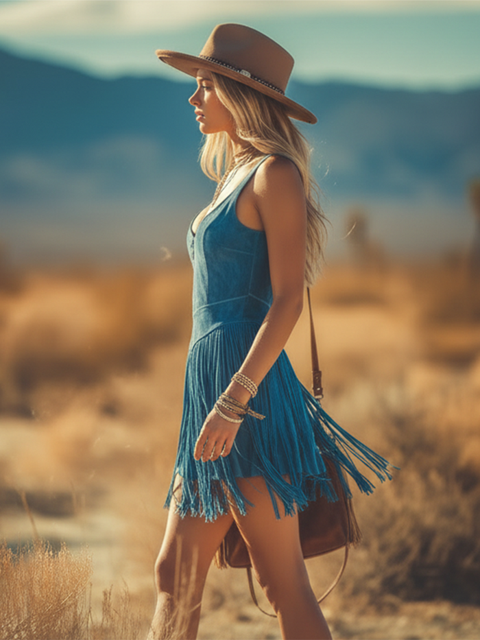 Western-inspired Bohemian Retro Sleeveless Fringed Faux Suede Mini Dress  - By Qivii