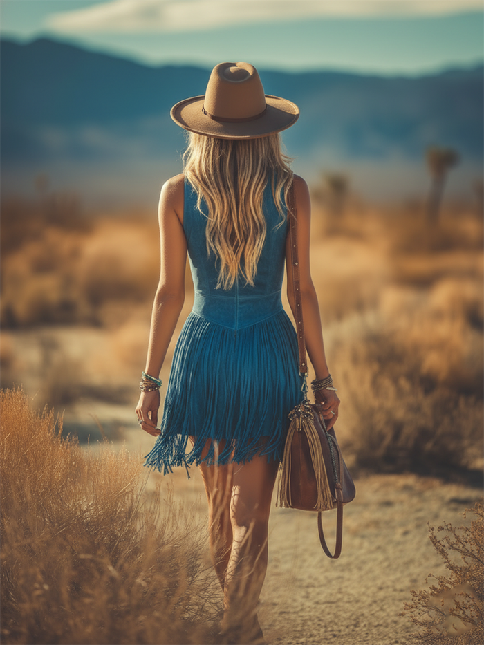 Western-inspired Bohemian Retro Sleeveless Fringed Faux Suede Mini Dress  - By Qivii