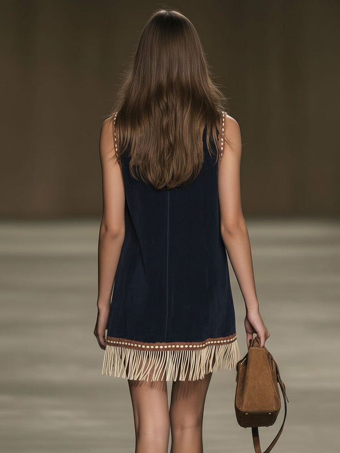 Western Retro Faux Suede Bohemian Style Embroidered Tassel Sleeveless Mini Dress  - By Qivii