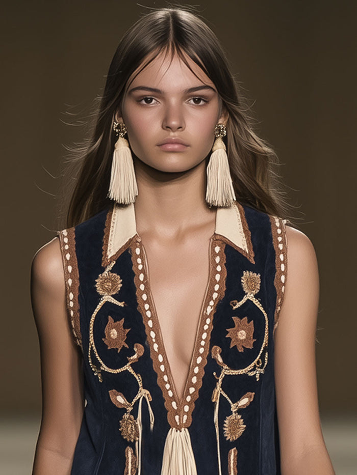 Western Retro Faux Suede Bohemian Style Embroidered Tassel Sleeveless Mini Dress  - By Qivii