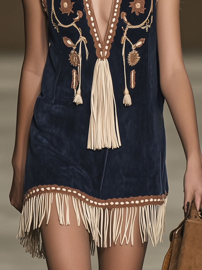 Western Retro Faux Suede Bohemian Style Embroidered Tassel Sleeveless Mini Dress  - By Qivii