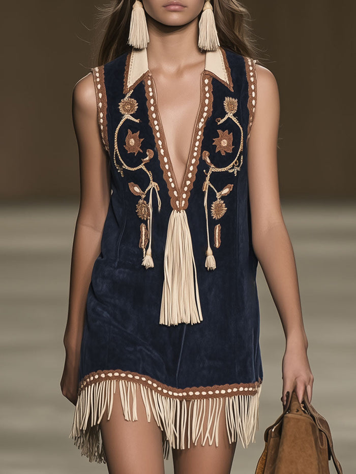 Western Retro Faux Suede Bohemian Style Embroidered Tassel Sleeveless Mini Dress  - By Qivii