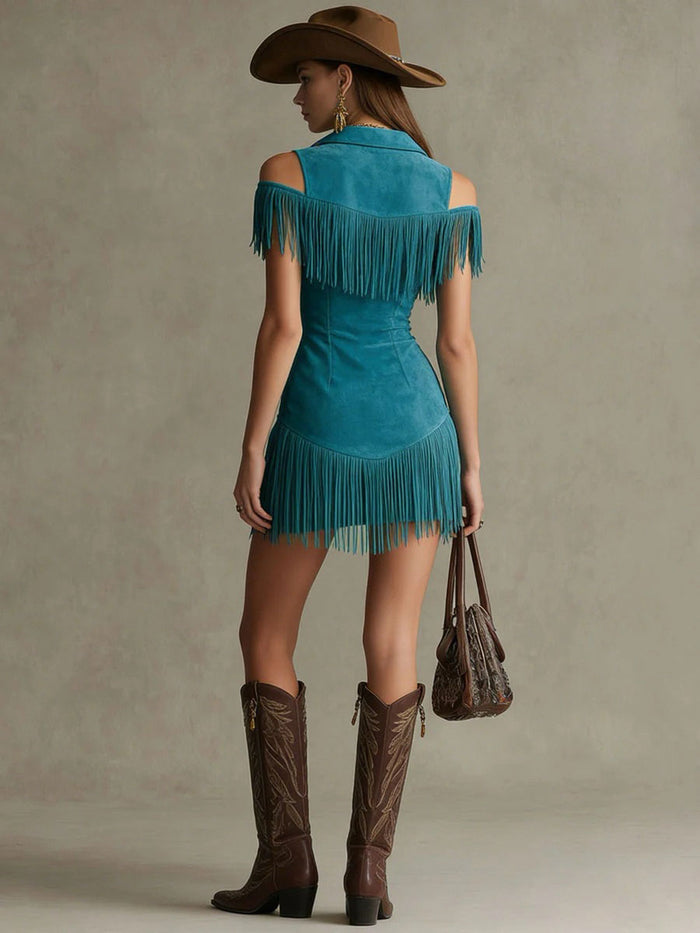 Western Retro Peacock Blue Faux Suede Hollow-Out Tassel Mini Dress  - By Qivii