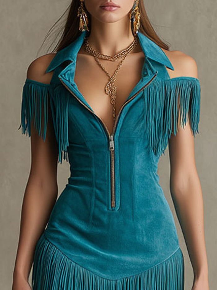 Western Retro Peacock Blue Faux Suede Hollow-Out Tassel Mini Dress  - By Qivii