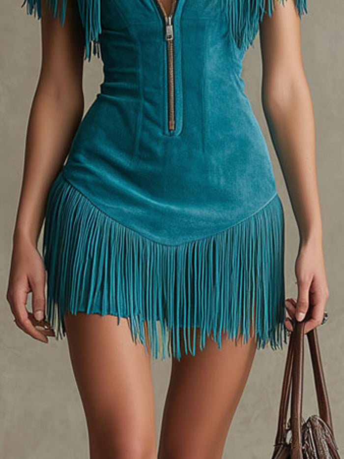 Western Retro Peacock Blue Faux Suede Hollow-Out Tassel Mini Dress  - By Qivii