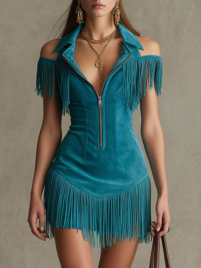 Western Retro Peacock Blue Faux Suede Hollow-Out Tassel Mini Dress  - By Qivii