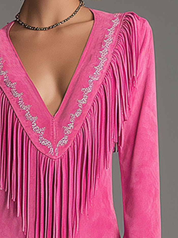 Western-style Retro Embroidered Tassel Pink Faux Suede Mini Dress  - By Qivii