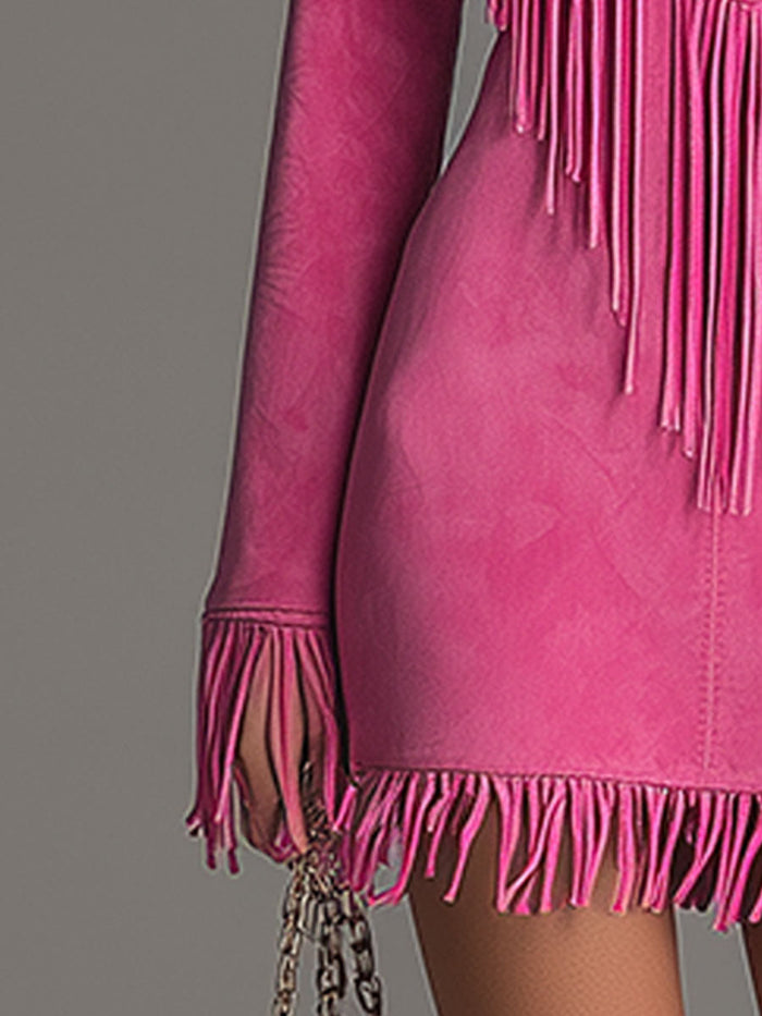 Western-style Retro Embroidered Tassel Pink Faux Suede Mini Dress  - By Qivii
