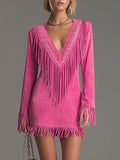 Western-style Retro Embroidered Tassel Pink Faux Suede Mini Dress  - By Qivii