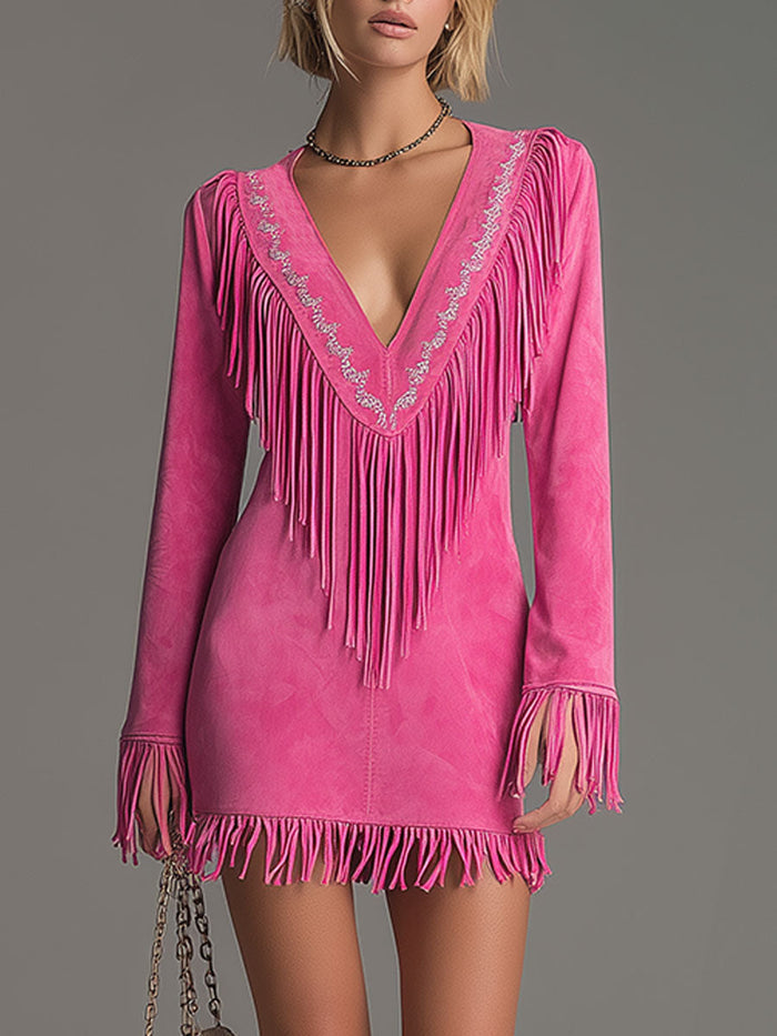 Western-style Retro Embroidered Tassel Pink Faux Suede Mini Dress  - By Qivii