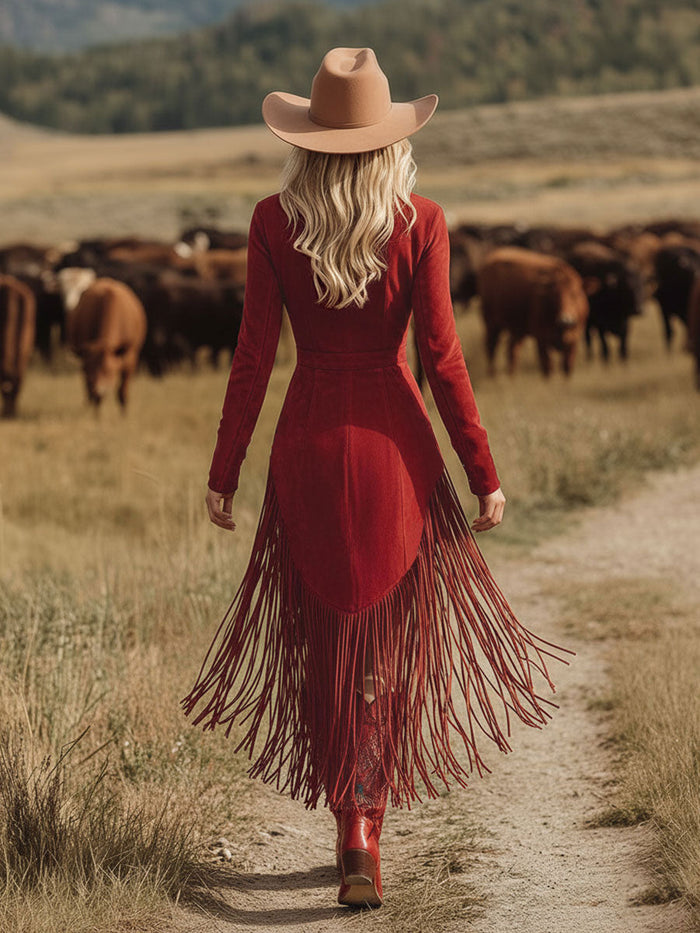Western Style Vintage Embroidered Red Fringed Faux Suede Midi Dress  - By Qivii