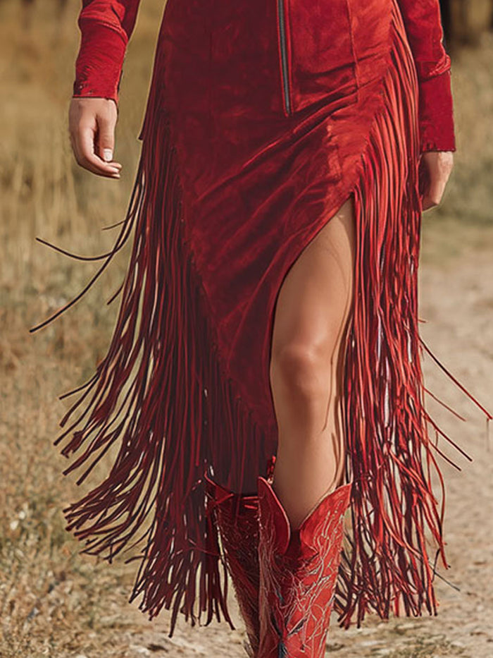 Western Style Vintage Embroidered Red Fringed Faux Suede Midi Dress  - By Qivii