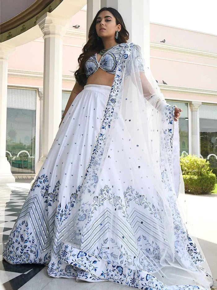 White Embroidery Work Satin Lehenga Choli