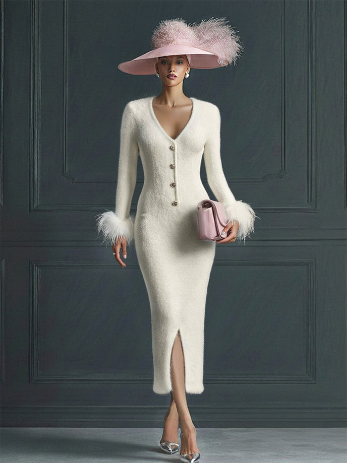 White Mohair V-neck Button Imitation Ostrich Feather Midi Dress  - By Qivii