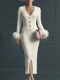 White Mohair V-neck Button Imitation Ostrich Feather Midi Dress  - By Qivii