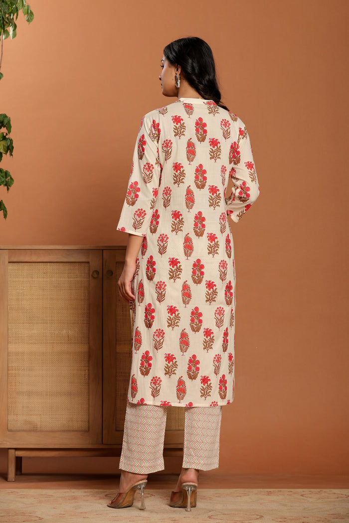 White Printed Cotton Kurta Set