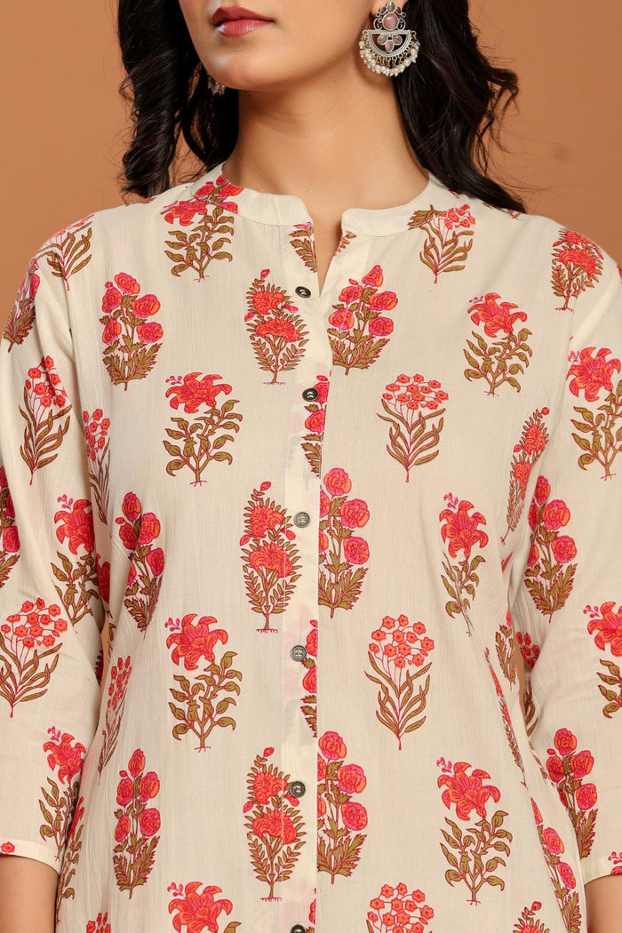 White Printed Cotton Kurta Set