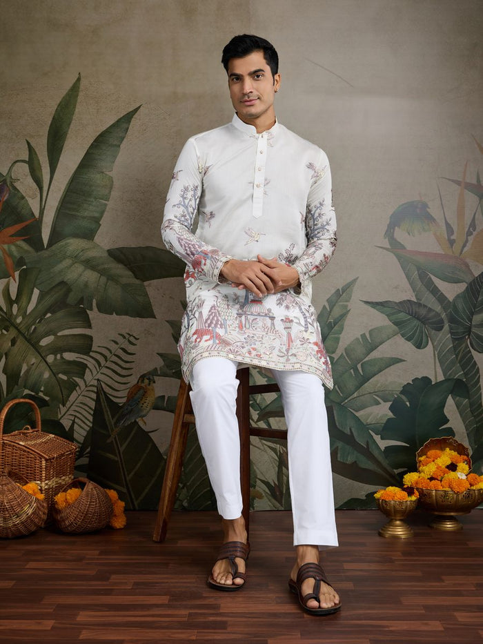 WHITE VISCOSE SILK THREAD & SEQUENCE EMBROIDERED WORK KURTA - qivii