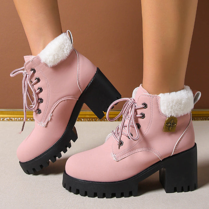 Women's Frosted Plush Combat Boot - Winter Lace-Up Ankle Boots with Block Heel & Commuter-Ready Grip (US 4-10)