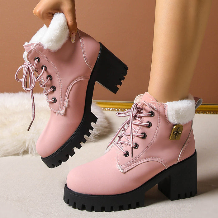 Women's Frosted Plush Combat Boot - Winter Lace-Up Ankle Boots with Block Heel & Commuter-Ready Grip (US 4-10)