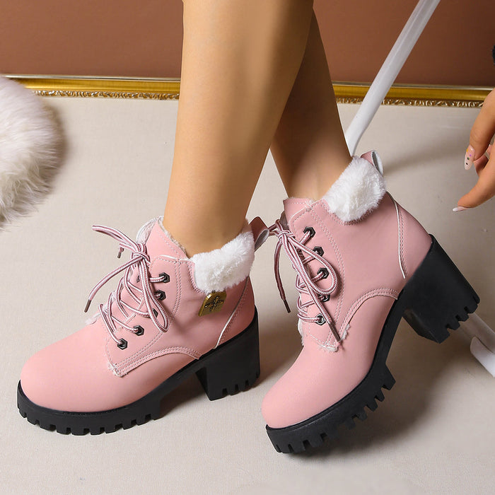 Women's Frosted Plush Combat Boot - Winter Lace-Up Ankle Boots with Block Heel & Commuter-Ready Grip (US 4-10)