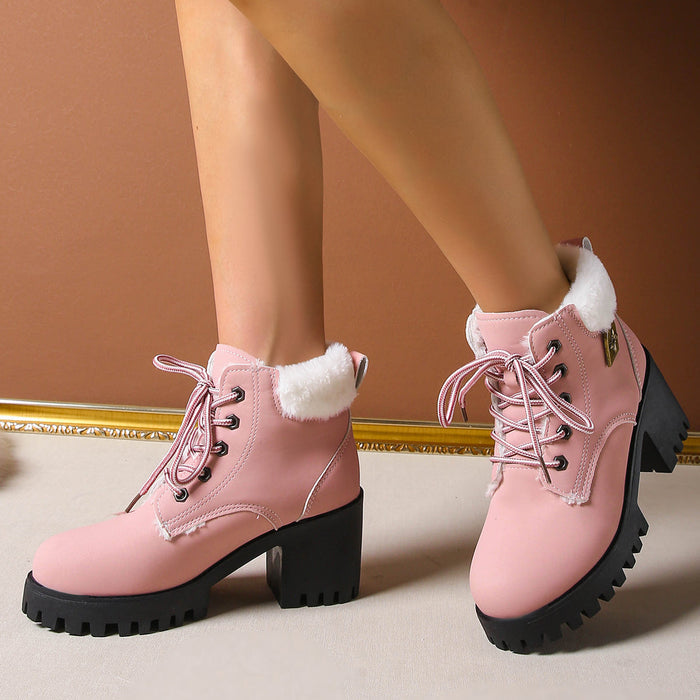 Women's Frosted Plush Combat Boot - Winter Lace-Up Ankle Boots with Block Heel & Commuter-Ready Grip (US 4-10)