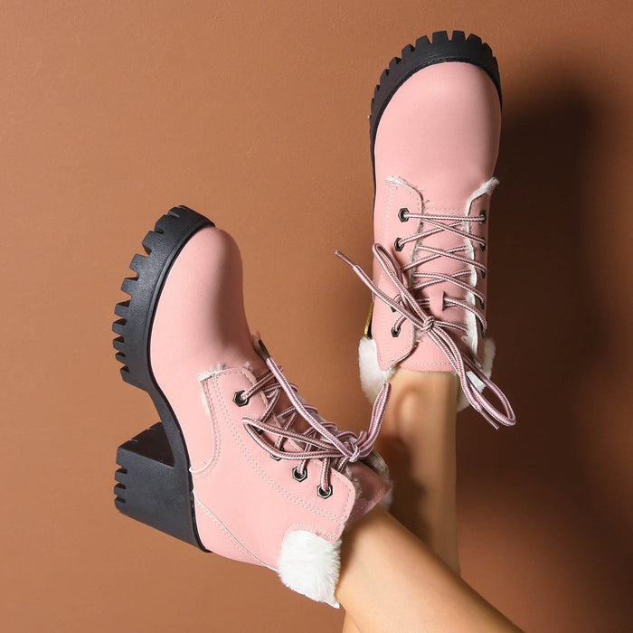 Women's Frosted Plush Combat Boot - Winter Lace-Up Ankle Boots with Block Heel & Commuter-Ready Grip (US 4-10)