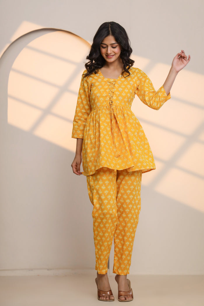 Yellow Cream Cotton Hand Block Printed Co- Ord Set