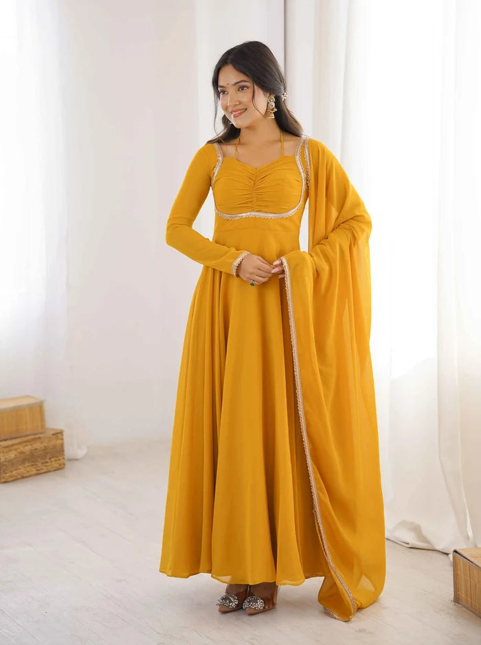 Yellow Designer Georgette Gown & Dupatta