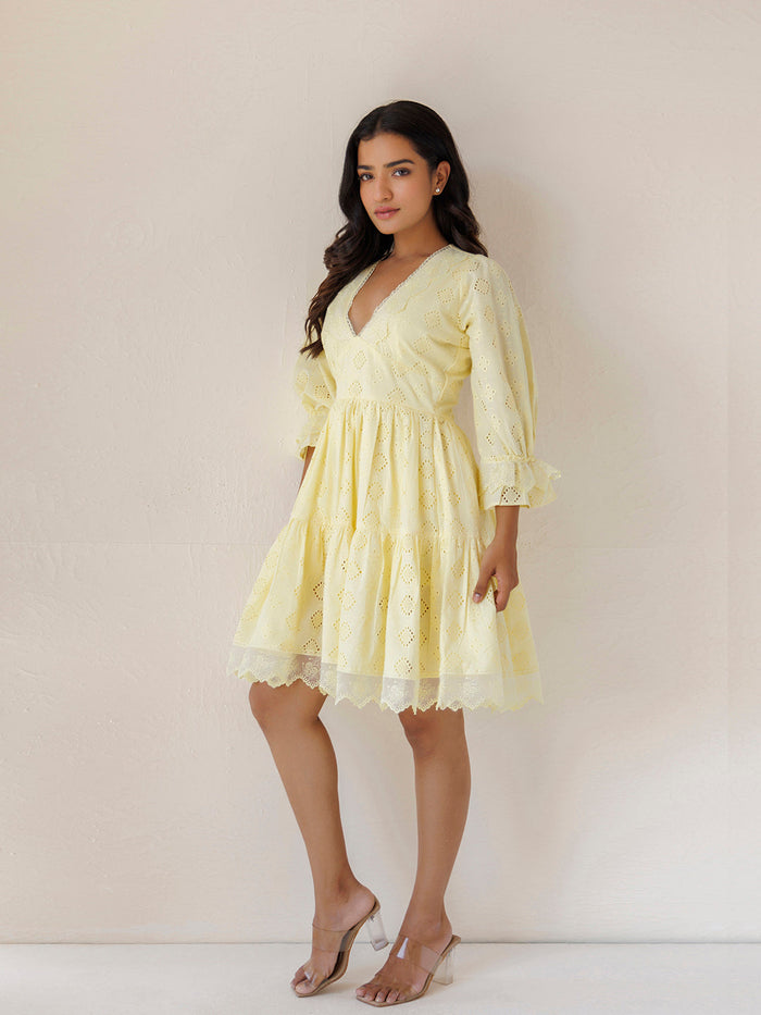 Yellow Iris Cotton Schiffli Dress