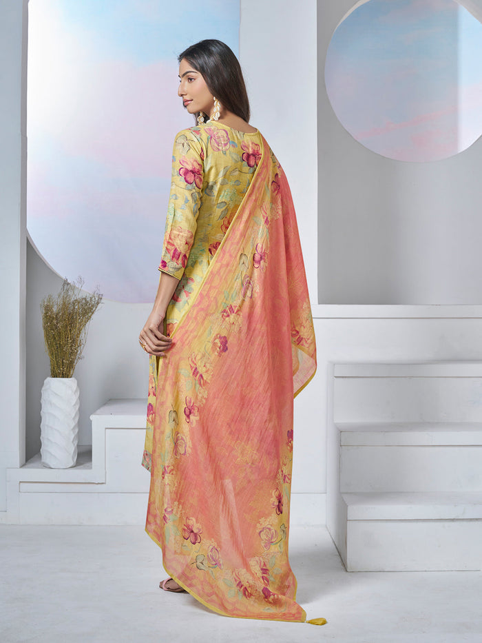 YELLOW PRINTED WITH LACE WORK STRAIGHT KURTA WITH DYED TROUSERS AND PRINTED DUPATTA