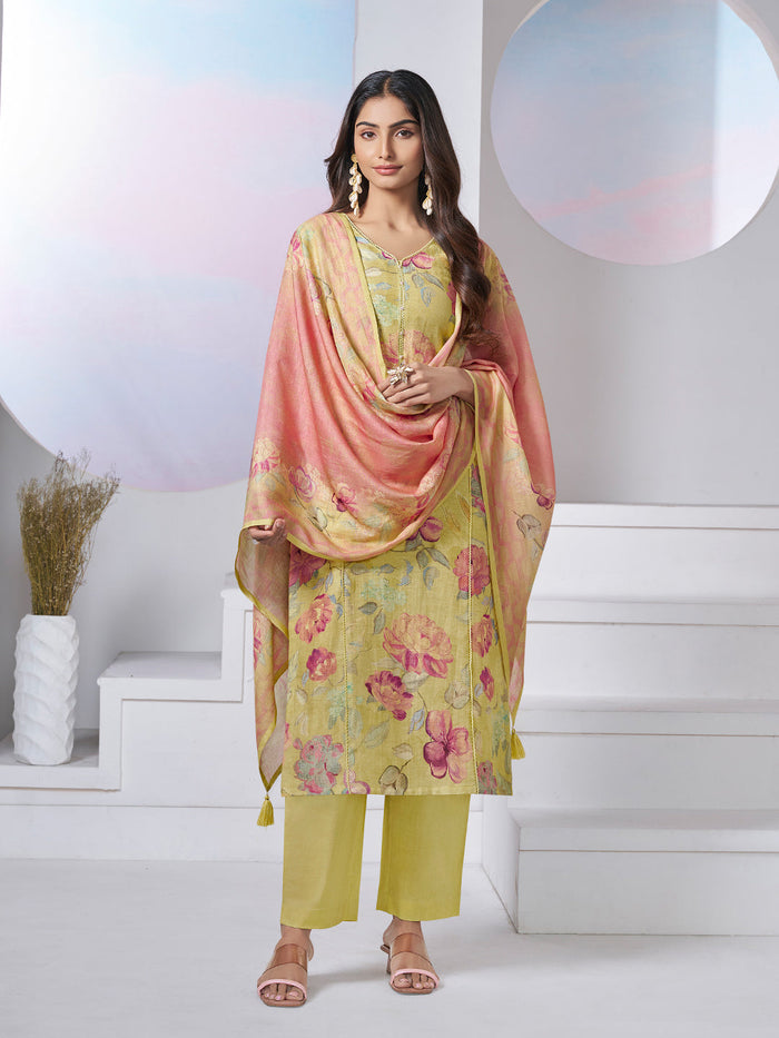 YELLOW PRINTED WITH LACE WORK STRAIGHT KURTA WITH DYED TROUSERS AND PRINTED DUPATTA