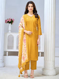 Yellow Viscose Kurta Set with Textured Weave, Paired with Solid Bottom and Printed Dupatta