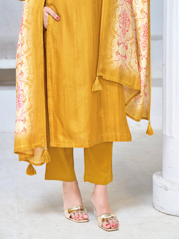 Yellow Viscose Kurta Set with Textured Weave, Paired with Solid Bottom and Printed Dupatta